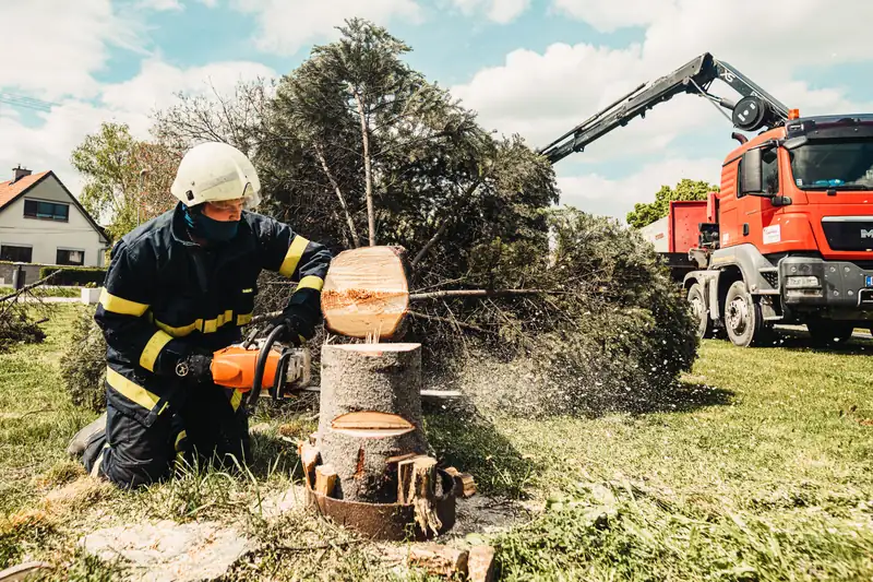 Worker cutting a tree trunk next to a crane truck on a residential street